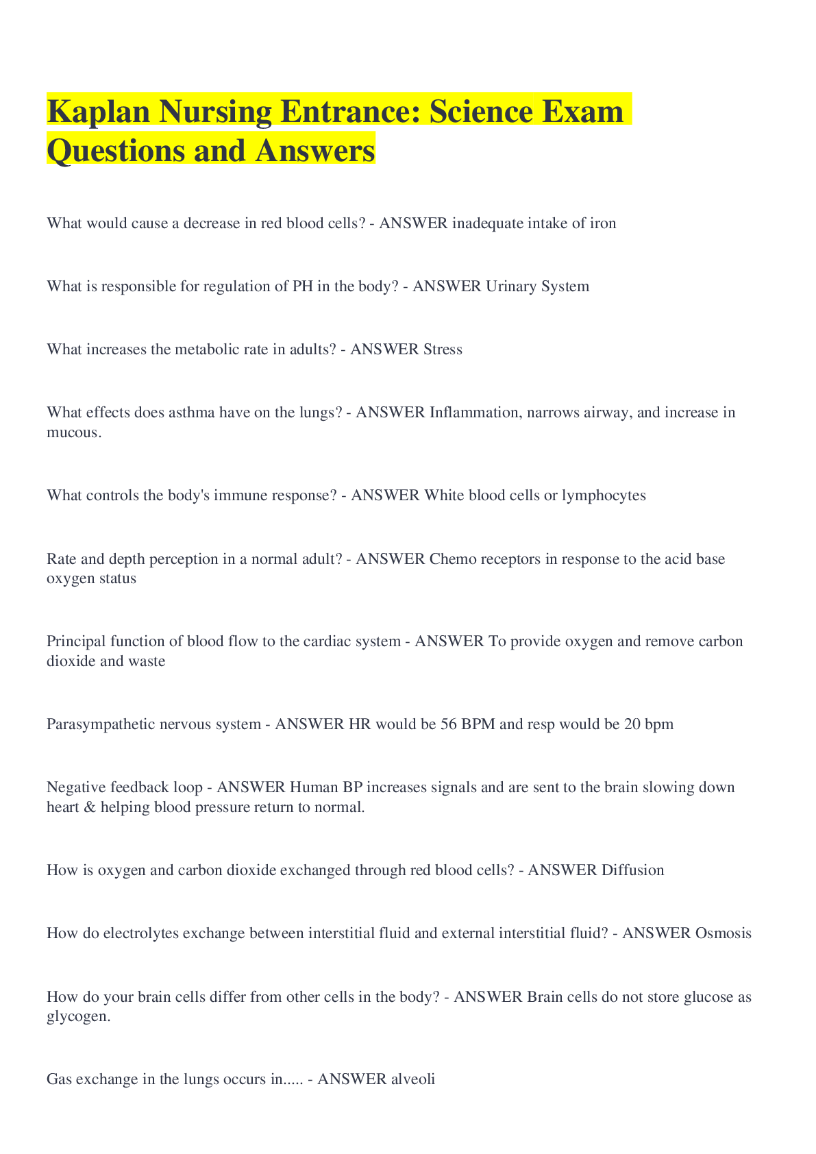 Preview of Kaplan Nursing Entrance: Science Exam Questions and Answers